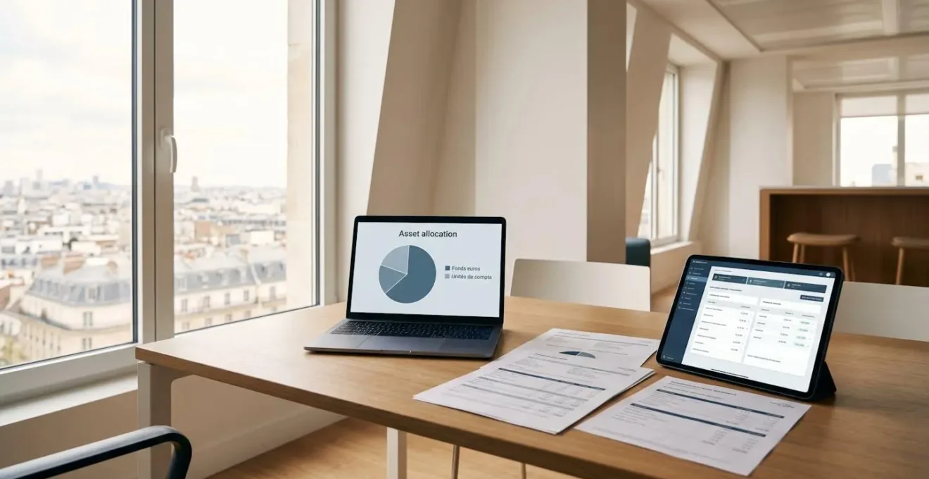 Bureau de conseiller financier avec écran affichant un graphique d'allocation entre fonds euros et unités de compte, documents financiers et tablette sur un bureau contemporain en bois clair, éclairé par lumière naturelle