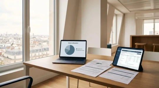 Bureau de conseiller financier avec écran affichant un graphique d'allocation entre fonds euros et unités de compte, documents financiers et tablette sur un bureau contemporain en bois clair, éclairé par lumière naturelle