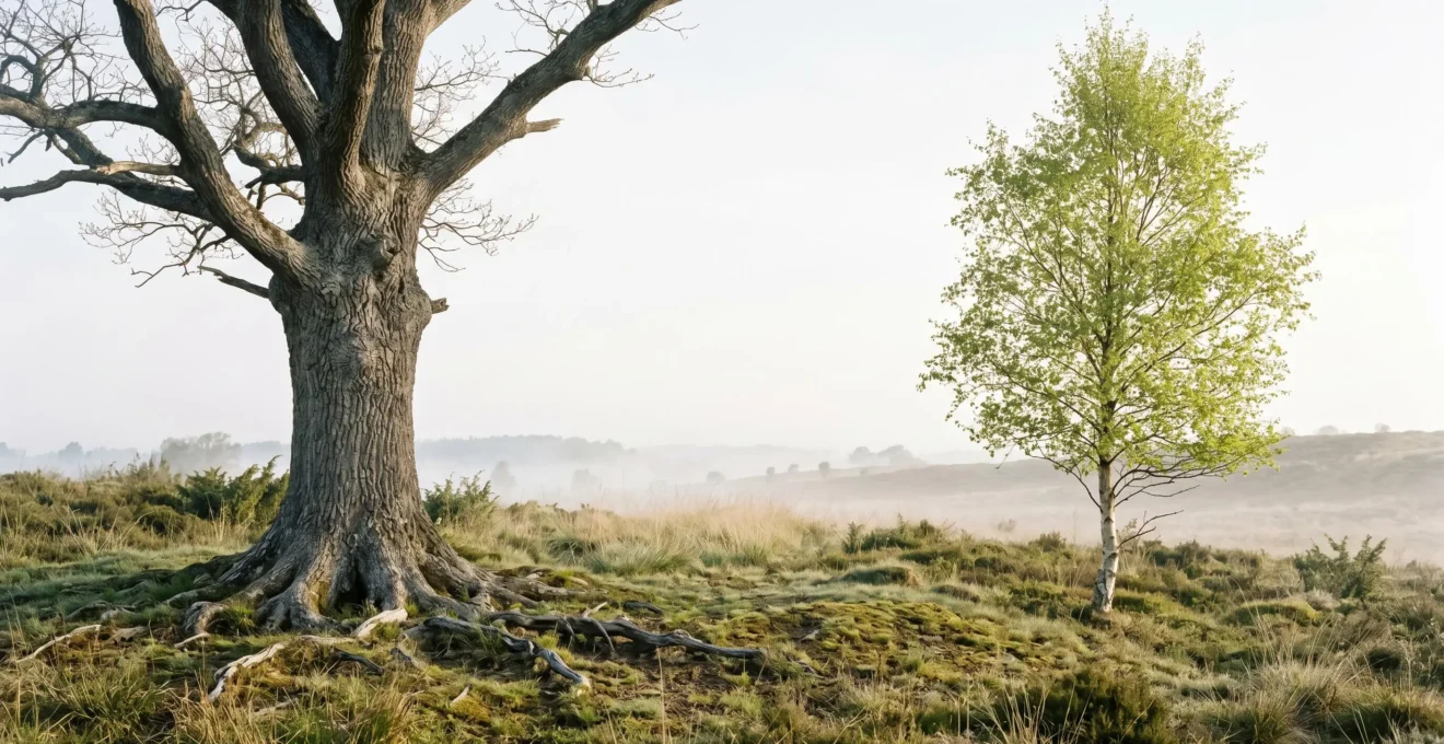 Deux arbres distincts côte à côte dans un paysage scandinave minimaliste sous lumière matinale douce, symbolisant l'équilibre entre stabilité et croissance