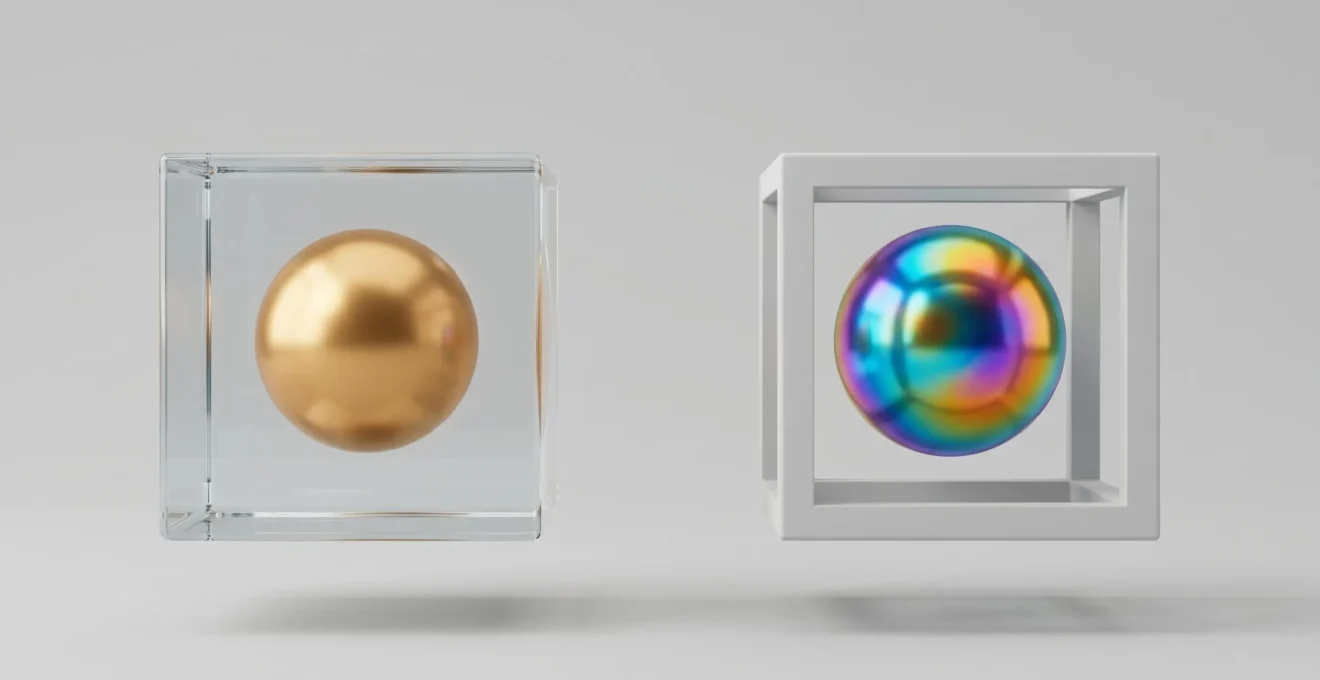 Deux cubes géométriques 3D : l'un fermé en verre avec sphère dorée stable, l'autre ouvert avec sphère multicolore en lévitation, illustrant garantie versus volatilité