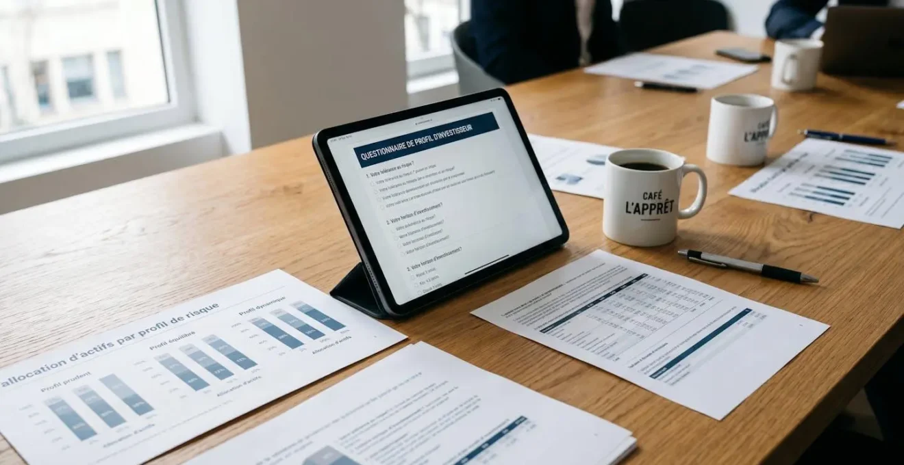 Vue de dessus d'une table de travail avec documents financiers montrant des graphiques d'allocation par profil de risque (prudent, équilibré, dynamique) et tablette affichant un questionnaire investisseur