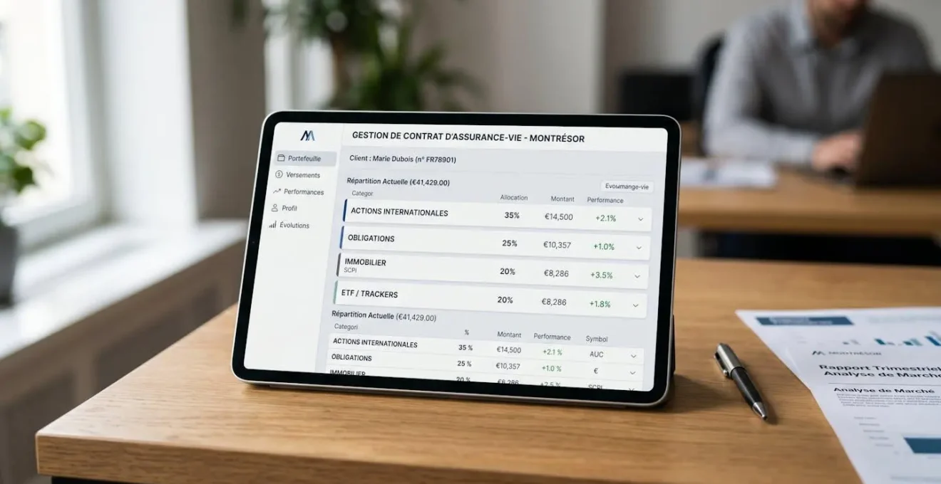 Tablette numérique affichant l'interface d'une application de gestion d'assurance vie avec liste de supports en unités de compte (actions, obligations, immobilier, ETF) en français
