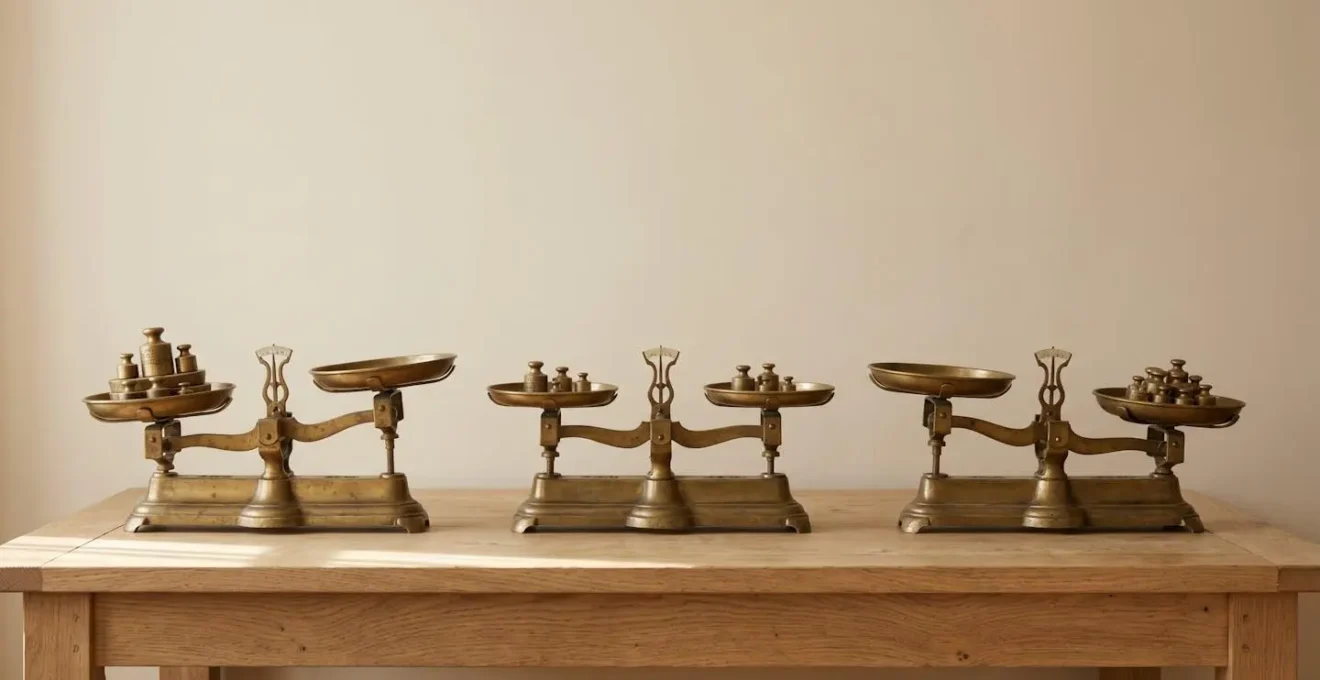 Trois balances anciennes en laiton alignées avec positions différentes : penchée gauche, équilibrée au centre, penchée droite, symbolisant trois profils d'allocation