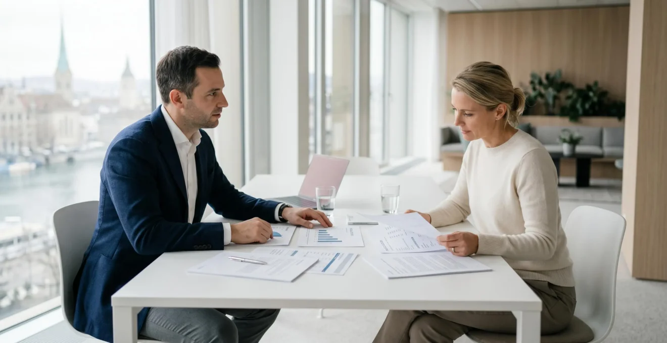 Conseiller bancaire et client consultant des documents financiers dans un bureau moderne épuré