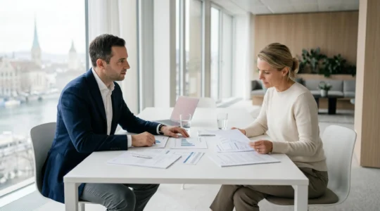 Conseiller bancaire et client consultant des documents financiers dans un bureau moderne épuré