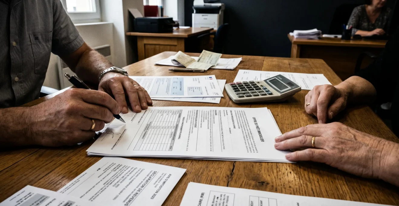 Signature d'un contrat de crédit immobilier avec documents financiers sur un bureau