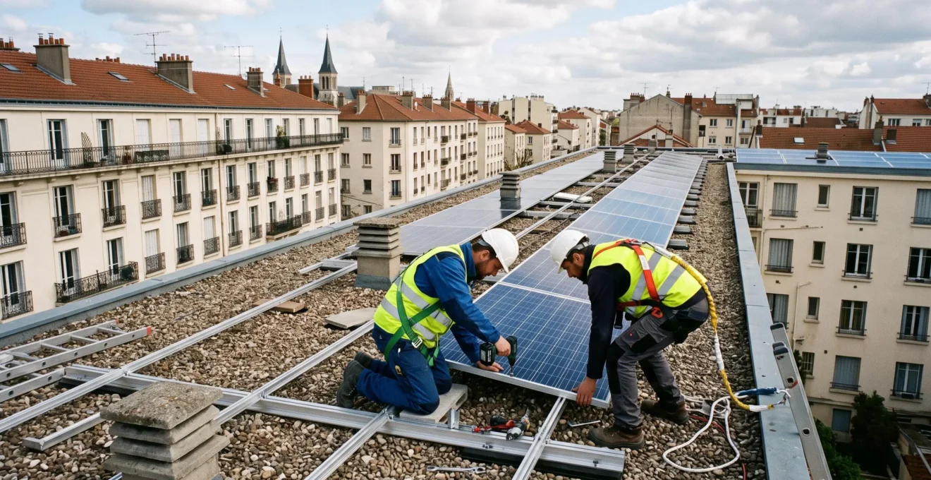 Techniciens installant des panneaux solaires photovoltaïques sur la toiture d'un immeuble collectif en France