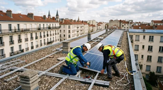 Techniciens installant des panneaux solaires photovoltaïques sur la toiture d'un immeuble collectif en France
