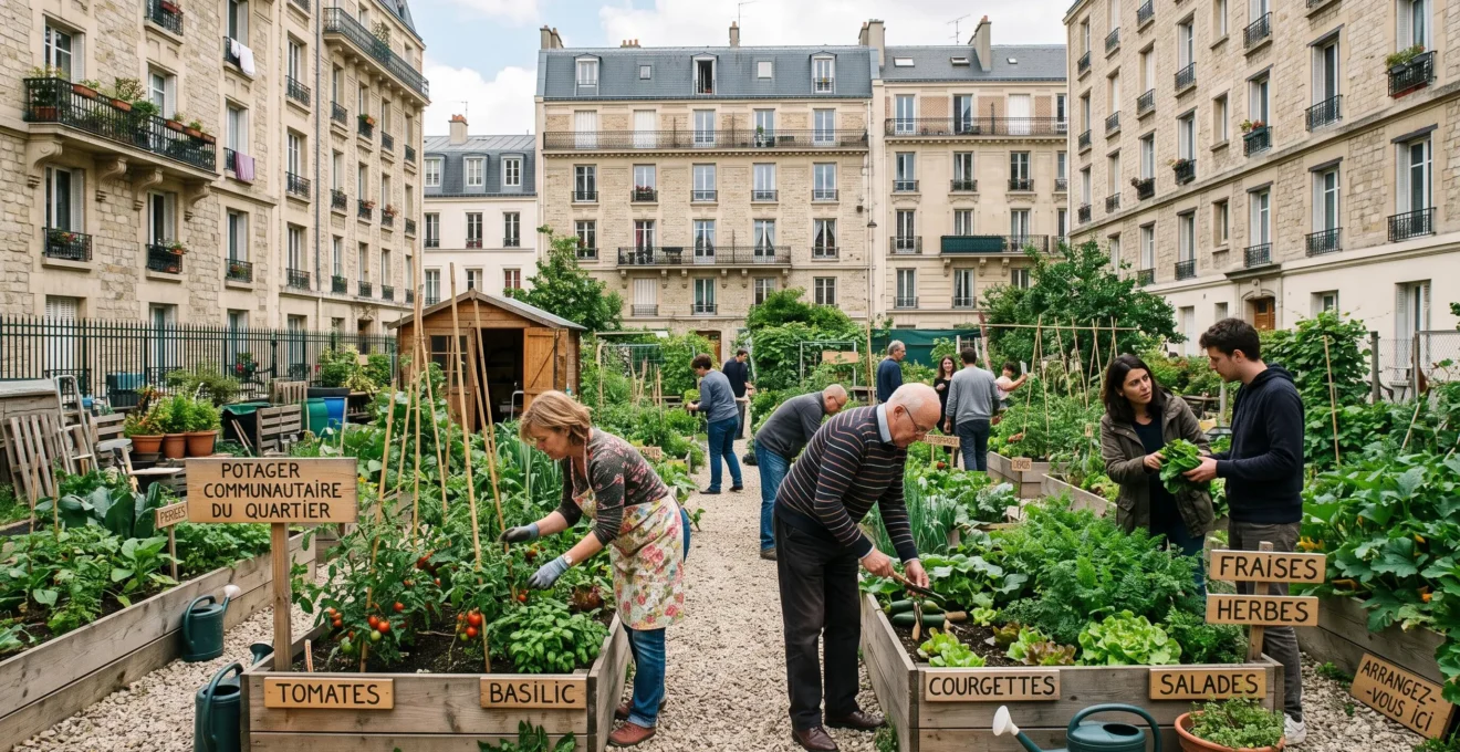 Jardin partagé en milieu urbain où des habitants cultivent collectivement des parcelles potagères