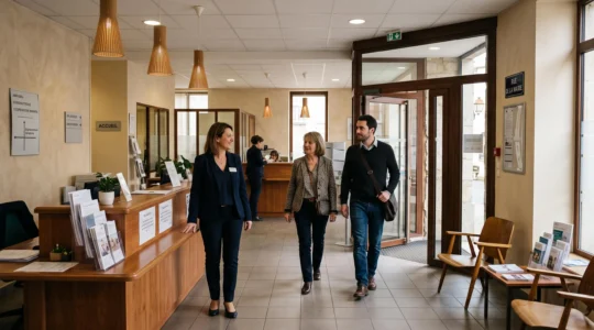 Des clients entrent dans une agence bancaire de quartier en France, accueillis par un conseiller près du comptoir.